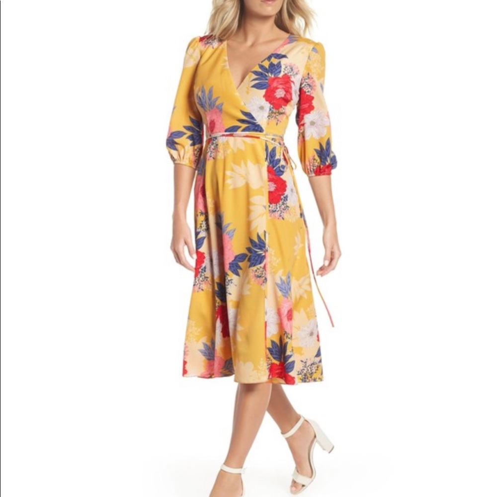 Eliza J Mustard Yellow Floral Wrap Midi Dress